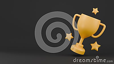 Cartoon yellow winner cup on black background. Trophy awards. 3D rendering. Stock Photo