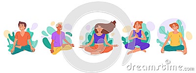 Cartoon yoga meditation, relaxing characters in lotus pose. People breath training and practicing yoga flat vector symbols Vector Illustration
