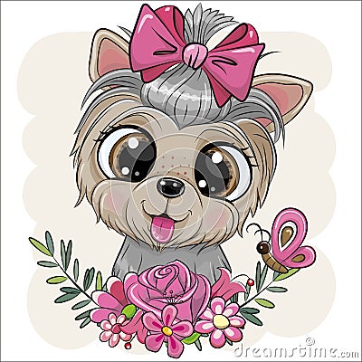 Cartoon Yorkshire Terrier with flowers Vector Illustration