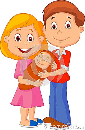 Cartoon Young adult couple tenderly embracing their baby Vector Illustration