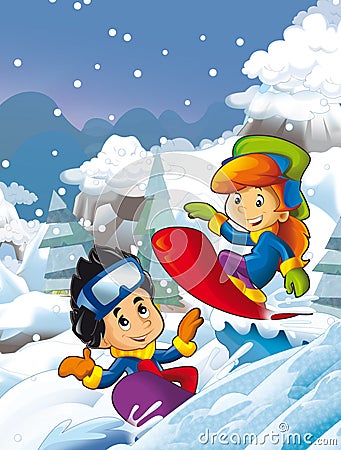 Cartoon young boy and girl doing freestyle slide snowboard Cartoon Illustration