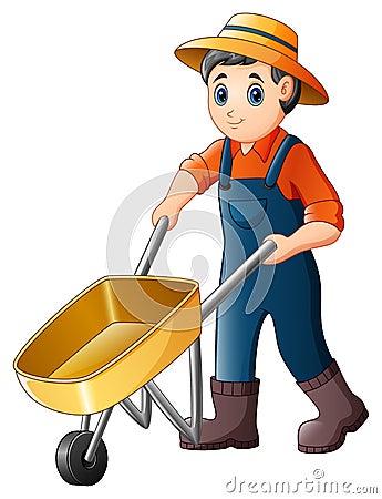 Cartoon young farmer pushing a wheelbarrow Vector Illustration