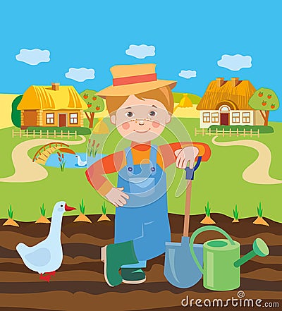 Cartoon Young Farmer Working In The Farm. Village Landscape. Vector Illustration. Vector Illustration