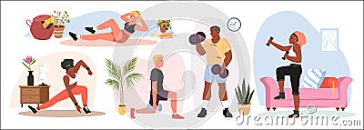 Cartoon young male and female characters training in living room, active healthy squat, plank and dumbbell steps of Vector Illustration