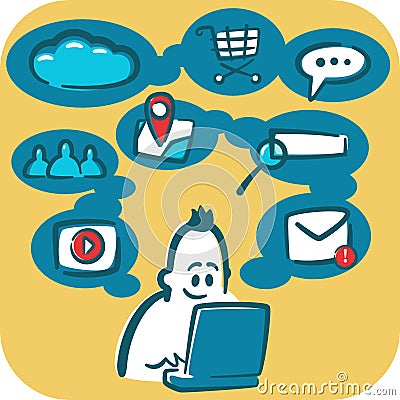 Cartoon young man browsing the internet using laptop. Vector Illustration