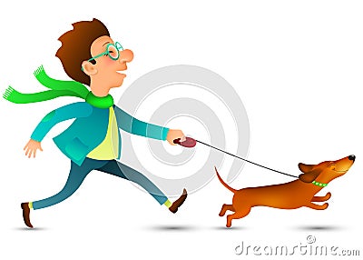 Cartoon young man in glasses running with his funny happy dachshund Vector Illustration