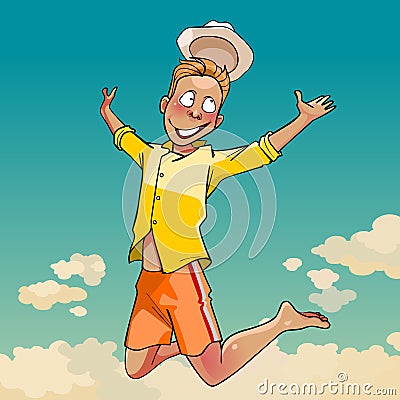 Cartoon young man in a hat joyously jumping Vector Illustration