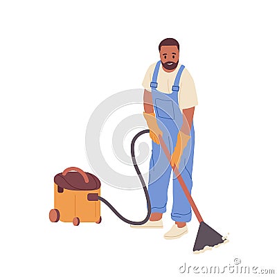 Cartoon young man worker character in uniform of cleaning service vacuuming floor isolated on white Vector Illustration