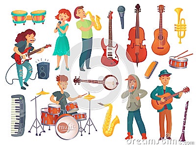 Cartoon young singers with microphones and musician characters w Stock Photo