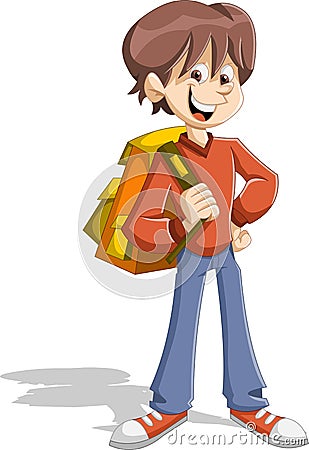 Cartoon young student boy with backpack. Vector Illustration