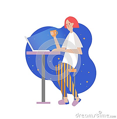 Cartoon young white woman in home cloth using laptop for work. Vampire shopping or chatting at night time. Vector Illustration