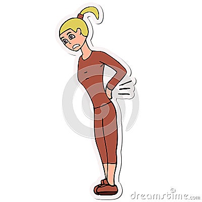 Cartoon young white woman with a sore back in a tracksuit sticker. White background isolated illustration Vector Illustration