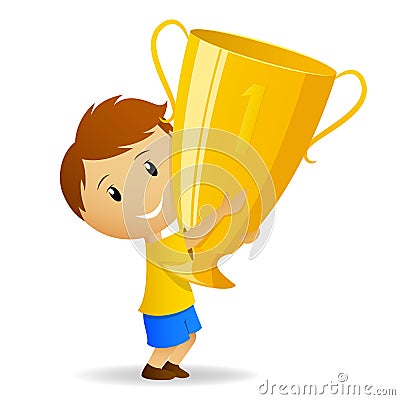 Cartoon young winner with golden trophy cup Vector Illustration
