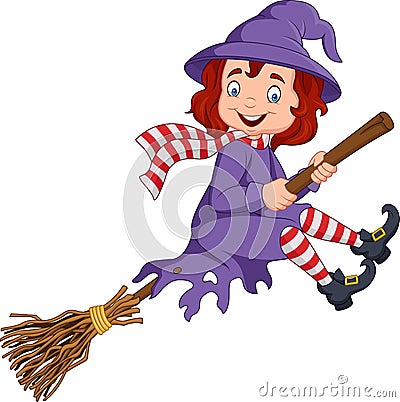 Cartoon young witch flying on a broom Vector Illustration