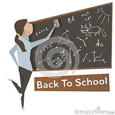 Cartoon young woman near school blackboard Vector Illustration