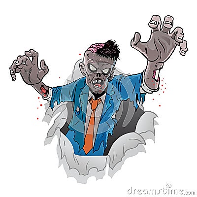 Cartoon zombie of halloween coming out of the broken paper Vector Illustration