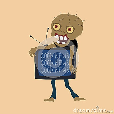 Cartoon zombie with a TV set in his hands. 