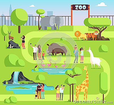 Cartoon zoo with visitors and safari animals. Happy families with kids in zoological park vector illustration Vector Illustration