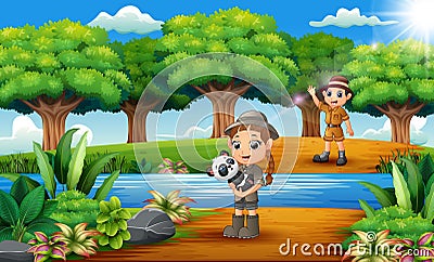 Cartoon of Zookeeper boy and girl with panda in the jungle Vector Illustration