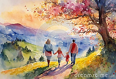 Cartooned image of family. Family walk holding hands. Back view. Stock Photo
