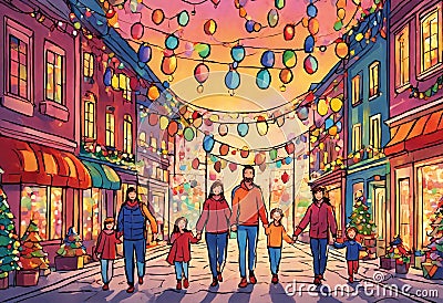 Cartooned image of large family. Family walk holding hands. Stock Photo