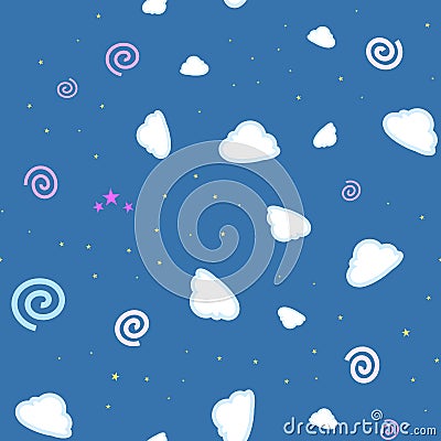 Cartooned seamless pattern with stars and clouds, vector illustration background Vector Illustration