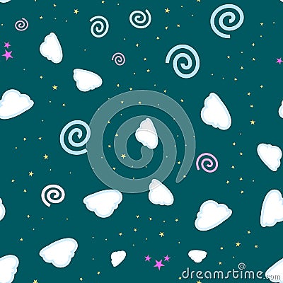 Cartooned seamless pattern with stars and clouds, vector illustration background Vector Illustration