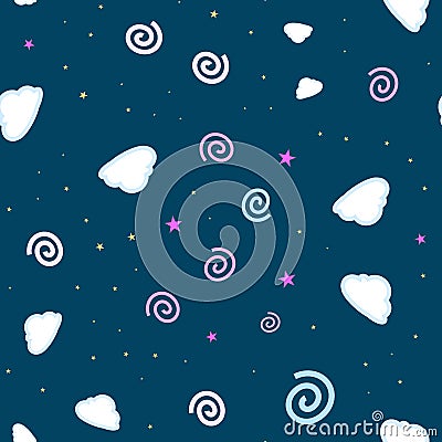 Cartooned seamless pattern with stars and clouds, vector illustration background Vector Illustration