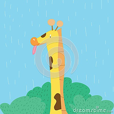 Cartoon character, giraffe portrait with tounge on sky background. Vector Illustration