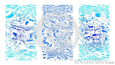 Cartoonish abstract background set. Vertical blue rippled water surface, illusion, curvature. Liquid on canvas Vector Illustration