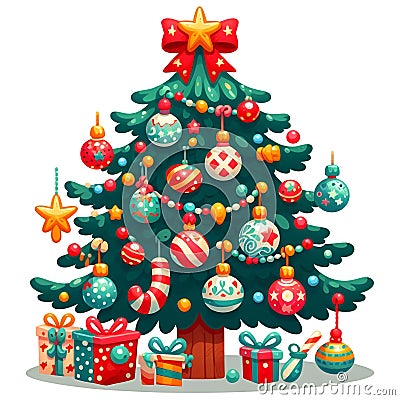 A cartoonish christmas tree with the decorations, gifts, white background, printable Stock Photo