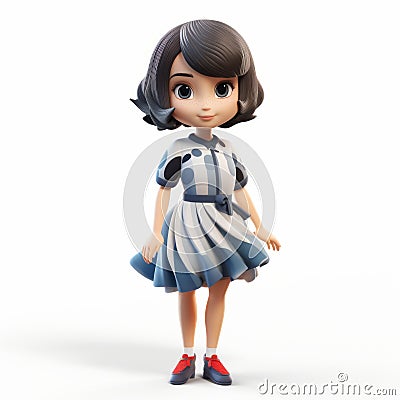 Cartoonish 3d Model Of Mia In Blue And White Dress Cartoon Illustration