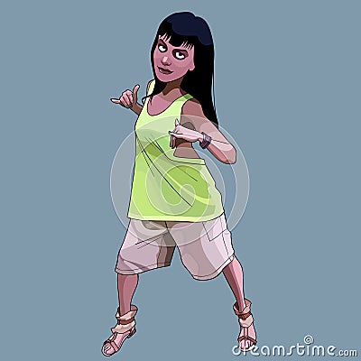 Cartoonish dancing teenager girl in big shorts and a t-shirt Vector Illustration