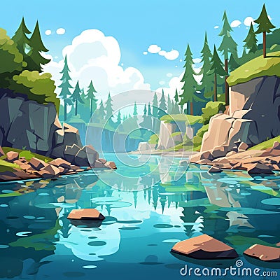 Cartoonish Lagoon: A Serene Adventure In Nature Cartoon Illustration
