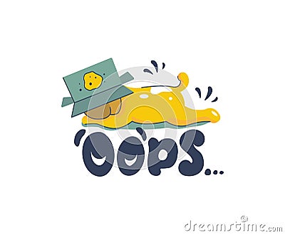 Cartoonish puppy and a lettering phrase - Oops. The funny dog made a prank with a box Vector Illustration