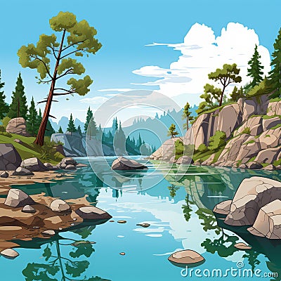 Cartoonish Rocky Valley Landscape With Reflective Lagoon Cartoon Illustration