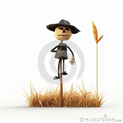 Cartoonish Skeleton Scarecrow On Grass: Minimalistic 3d Animation Stock Photo