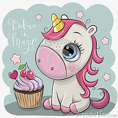 Cartoonl unicorn with cupcake on a blue background Vector Illustration