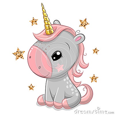 Cartoonl unicorn with gold horn isolated on a white background Vector Illustration