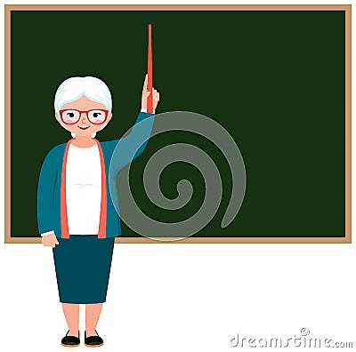 Cartoonly vector character elderly teacher standing at the blackboard Vector Illustration