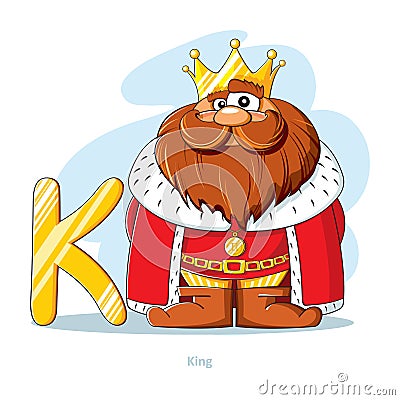 Cartoons Alphabet - Letter K with funny King Vector Illustration