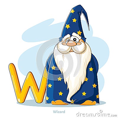 Cartoons Alphabet - Letter W with funny Wizard Vector Illustration