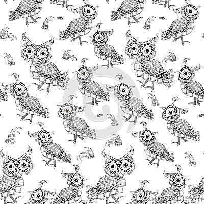 Cartoons monochrome owl art design seamless pattern stock vector illustration for coloring book Vector Illustration