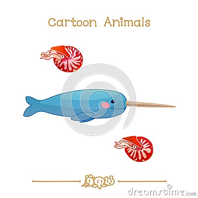 Cartoons: Narwhal male whale, nautilus pompilius. Vector Illustration