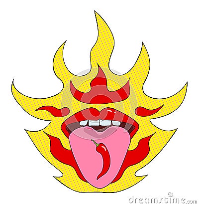Cartoons pop art red lips on fire background. Female mouth with spicy chili pepper on tongue Vector Illustration