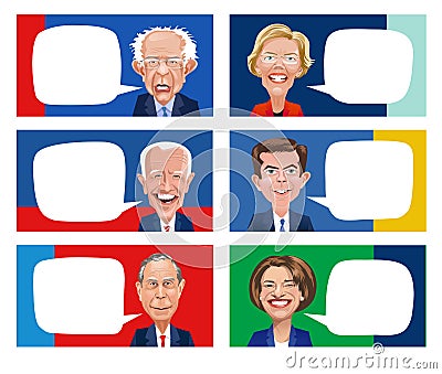 Cartoons of six Democratic candidates for Presidential election. Vector Illustration