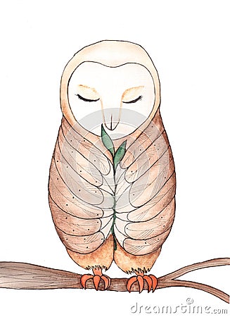 Cartoons watercolors barn owl with small sprout on a branch Stock Photo