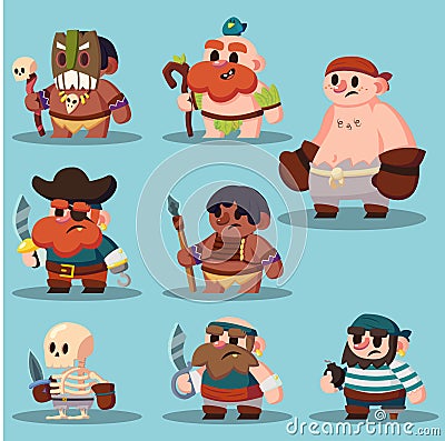 Cartoon aborigine, shaman pirate game sprite cute icon set Stock Photo