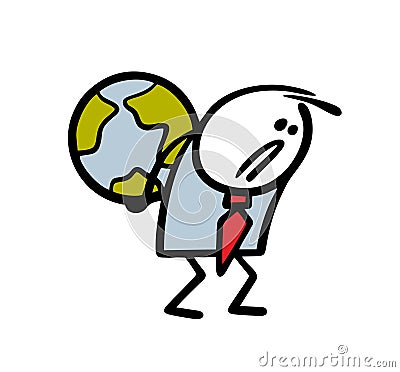 Cartoontired, sad man in a business suit carries a globe on his back. Vector illustration of a stickman and unbearable Vector Illustration