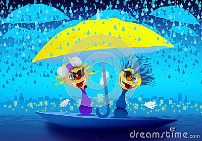 Cartoony Characters Pirates Under Raining Clouds Stock Photo